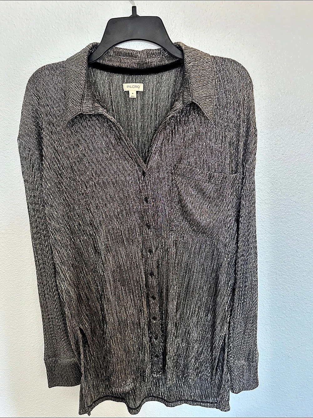 PILCRO Sheer Metallic Buttondown Shirt Silver Medium